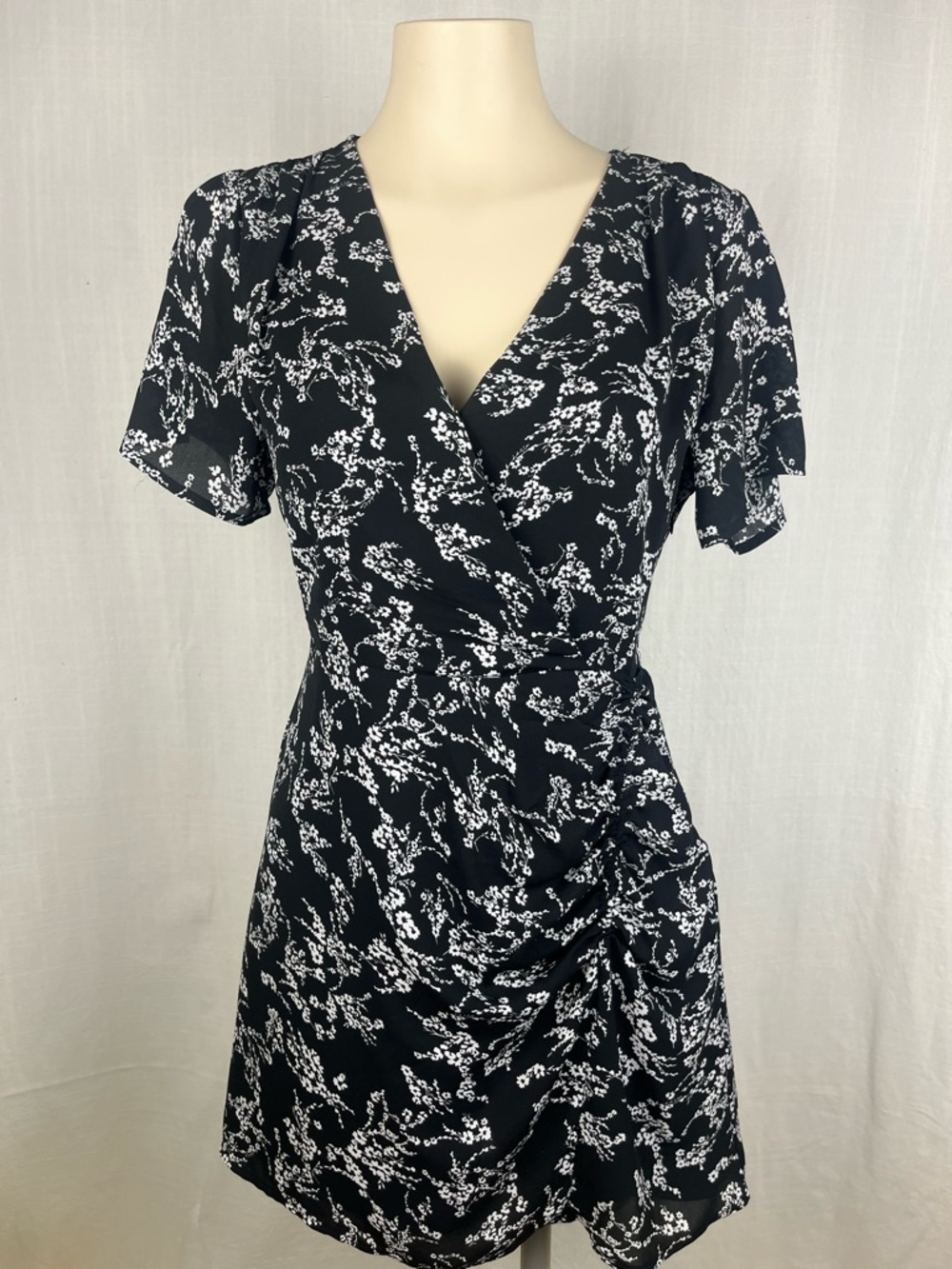 Dynamite Black & White Floral Wrap Mini Dress